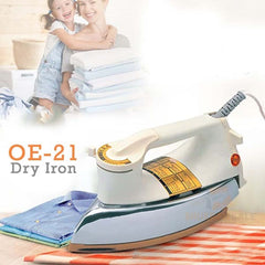 OE-21 Dry Iron | Non-Stick Teflon Coating for Smooth Ironing | Scratch-Free Performance for All Fabrics | Elegant White & Golden Design