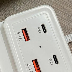 Intelligent USB Power Strip Plug with Dual PD & Dual USB Ports | 5.1A Multi-Port Fast Charging, 4 USB Outputs, 100cm Cable for iPhone, Android Devices