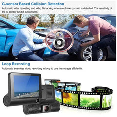 DX3618 3-Channel Car Dashcam | 4-Inch HD Display with Front, Rear & Interior Cameras | Loop Recording, Night Vision & G-Sensor Protection