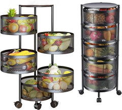 5-Tier Rotatable Kitchen Storage Shelf | 360° Swivel Fruit & Vegetable Basket, Large Capacity Circular Organizer with Wheels for Pantry, Bathroom