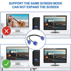 Dual VGA Splitter Cable – 1 Male to 2 Female Adapter for Dual Monitor Screen Duplication, High-Quality VGA Y Cable for PC, Laptop & Projector