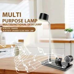 LED Desk Lamp with Wireless Charger, Bluetooth Speaker, Clock & Night Light – Modern Touch Control Lamp for Bedroom, Office & Study Table Lighting