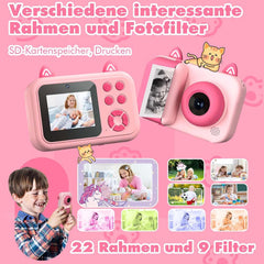 Kids Instant Camera - 1080P Digital Camera with Printing Paper, Fun & Educational Toy for Ages 3-12 (No Card Included) - Pink