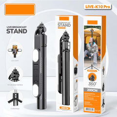 Live K10 PRO 6.5FT Tripod Stand & Selfie Stick with Dual Rechargeable Lights, Bluetooth Remote, 360° Rotation, Compatible with Smartphones, DSLR, Vlogging & YouTube