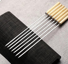6 Pcs Kebab Skewers | Stainless Steel BBQ Skewers with Wooden Handle | Reusable Kabab Sticks