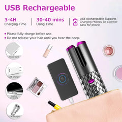Cordless Hair Curler | Automatic Rotating Hair Curling Iron | Heatless Technology with 3 Temperature & Timer Settings