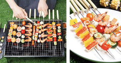 6 Pcs Kebab Skewers | Stainless Steel BBQ Skewers with Wooden Handle | Reusable Kabab Sticks