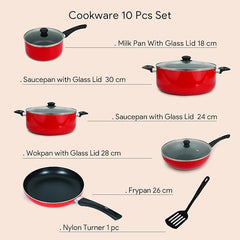 10-Piece Nonstick Cookware Set - 10X Tougher Coating with Frypan, Wokpan, Saucepan & Glass Lids, Heat-Resistant Handles, Nylon Turner, Durable Nonstick Kitchen Set