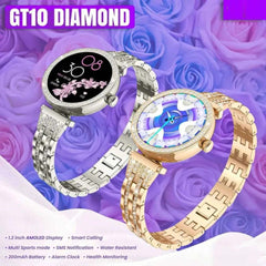 GT10 Diamond Smartwatch | 1.2" AMOLED Display | Heart Rate, Sleep, and Menstrual Tracking | Compatible with Android & iOS | Elegant Smartwatch for Women