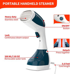 Portable Vertical Steam Iron – 1100W Handheld Garment Steamer with 200ml Tank, Continuous 28g/min Steam, and Double Brush Head for Home & Travel