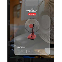 MTF-425 16" Table Fan – 3-Speed Settings with Adjustable Tilt, Quiet & Efficient Cooling Fan for Home, Bedroom, Dorm, and Office Desk Use