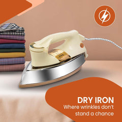 OE-21 Dry Iron | Non-Stick Teflon Coating for Smooth Ironing | Scratch-Free Performance for All Fabrics | Elegant White & Golden Design