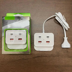 Intelligent USB Power Strip Plug with Dual PD & Dual USB Ports | 5.1A Multi-Port Fast Charging, 4 USB Outputs, 100cm Cable for iPhone, Android Devices