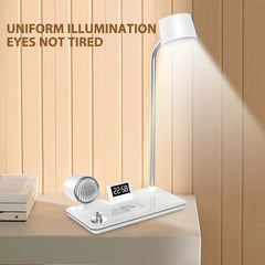 LED Desk Lamp with Wireless Charger, Bluetooth Speaker, Clock & Night Light – Modern Touch Control Lamp for Bedroom, Office & Study Table Lighting
