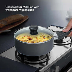 10-Piece Nonstick Cookware Set - Durable Aluminum Pots & Pans with Glass Lids, Frypan, Saucepan, Casserole, Nylon Turner, Dishwasher Safe Nonstick Cookware (Black)