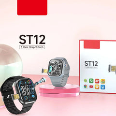 ST12 Smart Watch – 2.2" Full HD Touch Screen, 4G SIM Support, 3 Replaceable Straps, Wireless Charger, Multi-Color Smartwatch for Men & Women