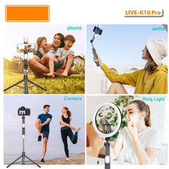 Live K10 PRO 6.5FT Tripod Stand & Selfie Stick with Dual Rechargeable Lights, Bluetooth Remote, 360° Rotation, Compatible with Smartphones, DSLR, Vlogging & YouTube
