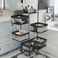 5-Layer Mobile Storage Rack | Rotatable Basket Organizer with Wheels | Elegant Black Finish | 92cm
