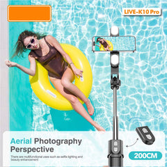 Live K10 PRO 6.5FT Tripod Stand & Selfie Stick with Dual Rechargeable Lights, Bluetooth Remote, 360° Rotation, Compatible with Smartphones, DSLR, Vlogging & YouTube
