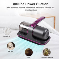 100W Cordless Mattress Vacuum with UV Light, 8000Pa Suction Power, 2-Speed Modes & 250ml Dust Cup – Deep Cleaner for Bedding, Sofa & Clothes