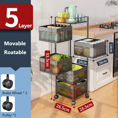 5-Layer Mobile Storage Organizer | Rotatable Basket Rack with Wheels | Elegant 92cm Black Storage Solution for Kitchen, Bathroom, and Home Use
