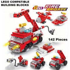 6-in-1 Fire Brigade Truck Building Blocks Set - 142-Piece DIY Construction Toy for Kids, Create Fire Trucks & Rescue Scenes, Educational & Durable Gift Set