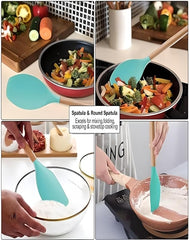 19-Piece Silicone Cooking Utensils & Knife Set | Includes Utensils, Knives, Scissors & Cutting Board with Block | Teal
