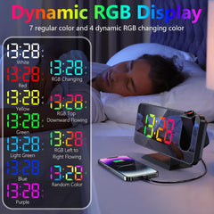 Projection Alarm Clock with 180° Rotatable Ceiling Projector, RGB LED Display, Dual Alarms, 5-Level Dimmer & Snooze Function – Sleek Black Design