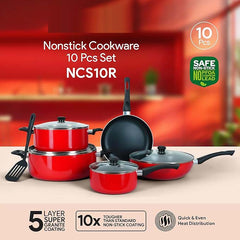 10-Piece Nonstick Cookware Set - 10X Tougher Coating with Frypan, Wokpan, Saucepan & Glass Lids, Heat-Resistant Handles, Nylon Turner, Durable Nonstick Kitchen Set