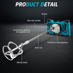Cordless Paint & Mortar Mixer – 6-Speed Handheld Mixing Tool with Dual Rods, 680RPM Motor for Concrete, Thinset, Cement, Mortar, Epoxy & Paint (Portable)