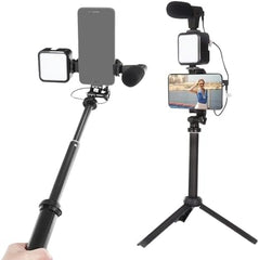 Live Set Fill Light Selfie Stick Tripod – Foldable, with Microphone & Adjustable Lighting