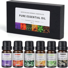 6-Pack Essential Oils Set | 10mL Water Soluble Aromatherapy Oils for Diffusers & Humidifiers | Includes Sandalwood, Sweet Orange, Lavender, Eucalyptus, Lemon & Mint