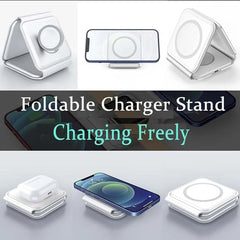 Foldable Magnetic Wireless Charger | 3-in-1 Charging Stand for iPhone, Android, Watches, and AirPods