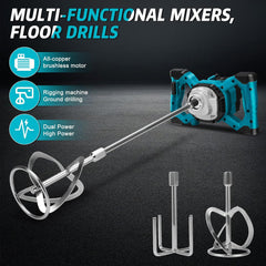 Cordless Paint & Mortar Mixer – 6-Speed Handheld Mixing Tool with Dual Rods, 680RPM Motor for Concrete, Thinset, Cement, Mortar, Epoxy & Paint (Portable)