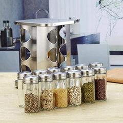12-Piece Glass Spice Jar Set – Rotating Stainless Steel Spice Rack with 120ml Round Jars for Kitchen Organization