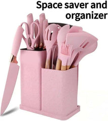 19-Piece Silicone Cooking Utensils & Knife Set | Includes Utensils, Knives, Cutting Board & Block | Stylish Pink Design