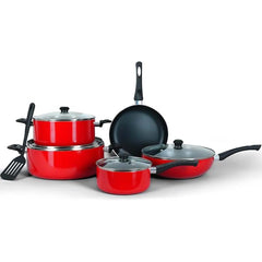 10-Piece Nonstick Cookware Set - 10X Tougher Coating with Frypan, Wokpan, Saucepan & Glass Lids, Heat-Resistant Handles, Nylon Turner, Durable Nonstick Kitchen Set