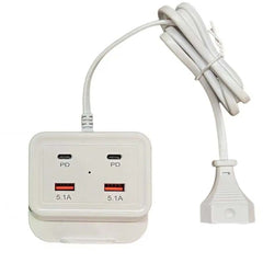 Intelligent USB Power Strip Plug with Dual PD & Dual USB Ports | 5.1A Multi-Port Fast Charging, 4 USB Outputs, 100cm Cable for iPhone, Android Devices