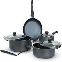 10-Piece Nonstick Cookware Set - Durable Aluminum Pots & Pans with Glass Lids, Frypan, Saucepan, Casserole, Nylon Turner, Dishwasher Safe Nonstick Cookware (Black)