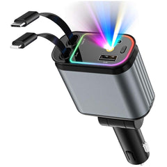 Fast 60W Car Charger with Starlight Roof, 4-in-1 Retractable USB-C Adapter, Dual USB Ports, Compatible with iPhone, Android, Tablets & More