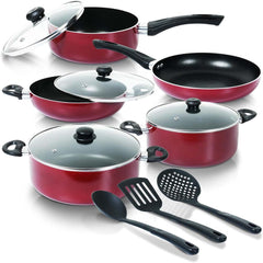 9-Piece Non-Stick Cookware Set - Durable Cast Aluminum Casserole, Kadai, Frypan & Milkpan with Glass Lids, Heat-Resistant Handles & Nylon Spatulas for Daily Cooking