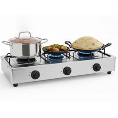 OE-444 3-Burner Gas Stove | Stainless Steel Enamel Body with Auto Ignition | Efficient, Powerful Triple-Burner Cooking for Home Kitchens