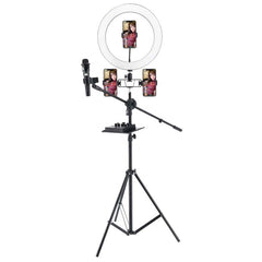 Ring Light Sound Card Tray with Live Microphone Stand | Adjustable Threaded Clamp Clip, Tripod Bracket & Mobile Phone Holder for All-in-One Setup