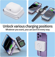 Foldable Magnetic Wireless Charger | 3-in-1 Fast Charging Bracket Stand | Compatible with iPhone, Android, Smartwatches & AirPods | Portable Charging Dock