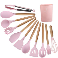 12-Piece Silicone Kitchen Utensil Set – Non-Stick Cooking & Baking Tools with Wooden Handles | Heat-Resistant, Scratch-Proof Design in Convenient Nylon Storage Case