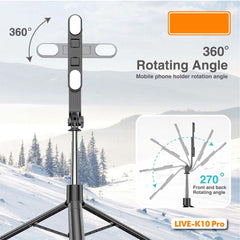 Live K10 PRO 6.5FT Tripod Stand & Selfie Stick with Dual Rechargeable Lights, Bluetooth Remote, 360° Rotation, Compatible with Smartphones, DSLR, Vlogging & YouTube