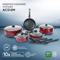 9-Piece Non-Stick Cookware Set - Durable Cast Aluminum Casserole, Kadai, Frypan & Milkpan with Glass Lids, Heat-Resistant Handles & Nylon Spatulas for Daily Cooking