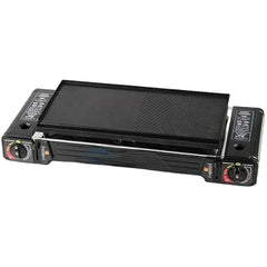 Portable Double Burner Gas Stove with Diecast Grill Plate | Compact Foldable Outdoor Gas Burner for Camping, Backpacking, Grilling, and Boiling