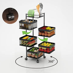 5-Layer Mobile Storage Organizer | Rotatable Basket Rack with Wheels | Elegant 92cm Black Storage Solution for Kitchen, Bathroom, and Home Use
