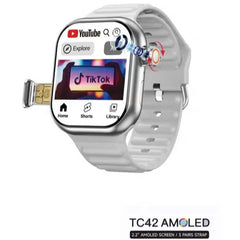 TC42 AMOLED 4G Smartwatch – 2.2" Display, 8MP Camera, SIM Card Slot, Fitness Tracking, Unisex Silver Design with 3 Interchangeable Straps